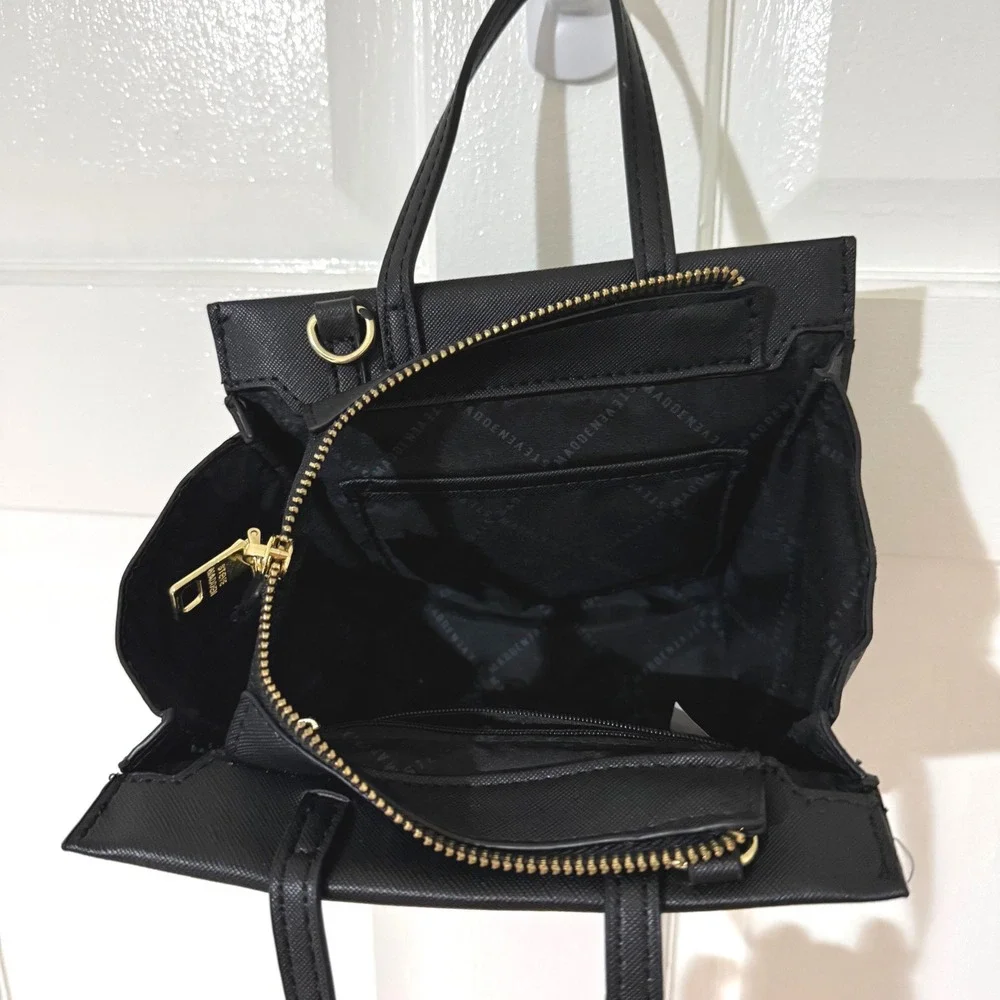 Steve Madden Black Saffiano Mini Satchel Handbag Gold Hardware Trapezoid Bag